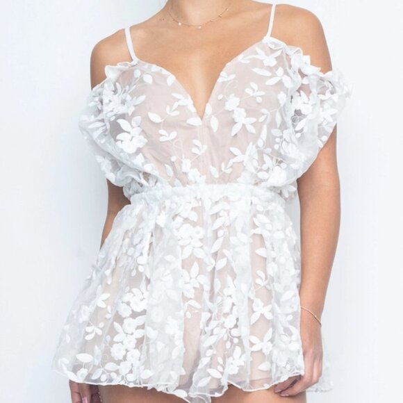 white Embroidered Mesh Romper - Picture 1 of 4